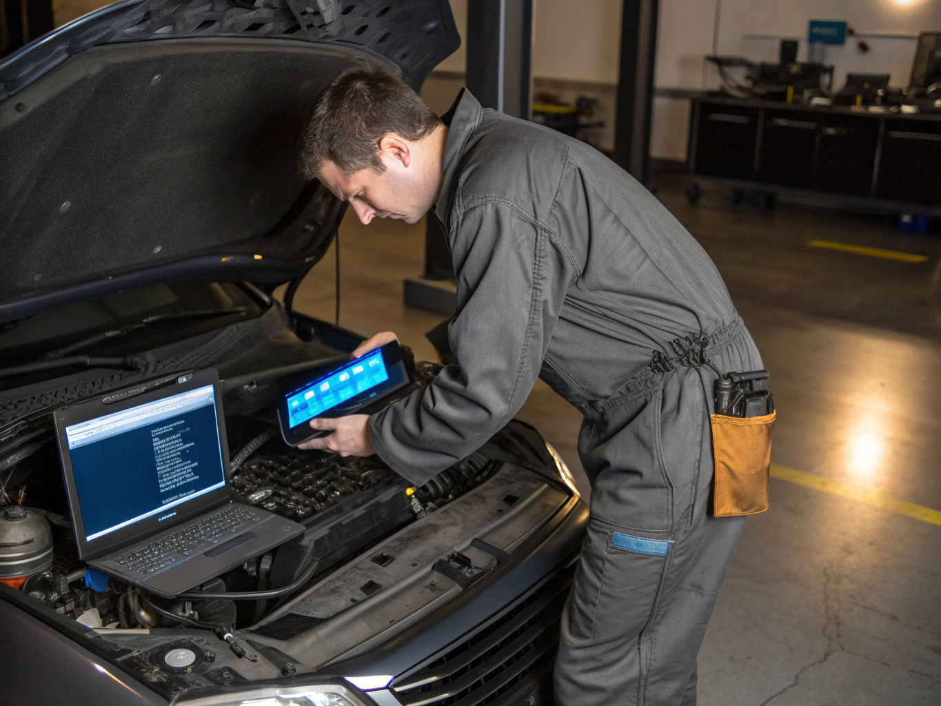 Certified mechanic performing precision engine diagnostic