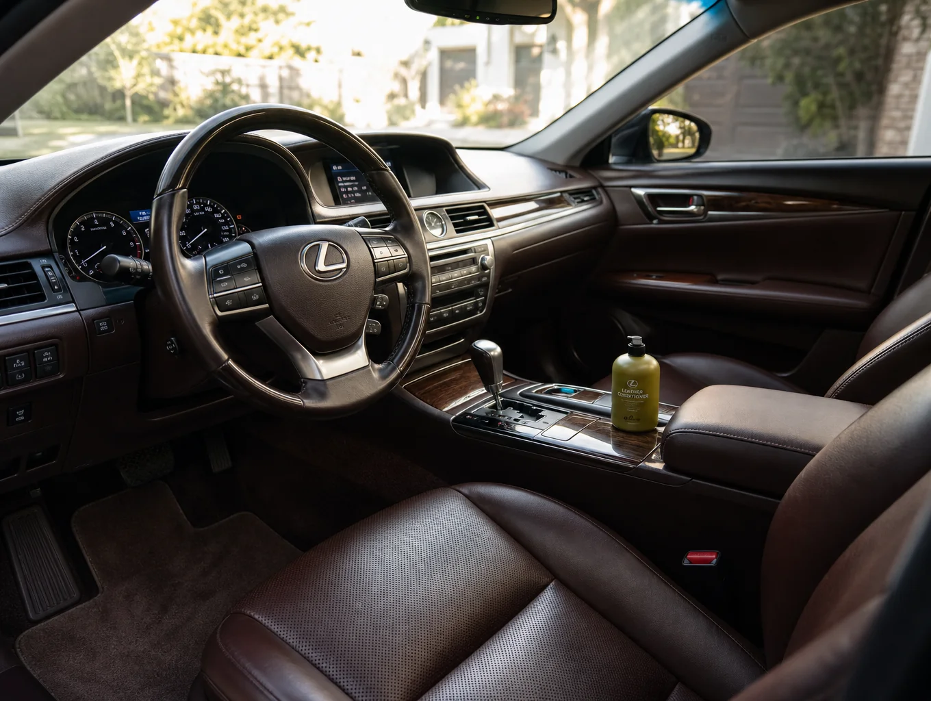 Pristine beige leather car interior and dashboard