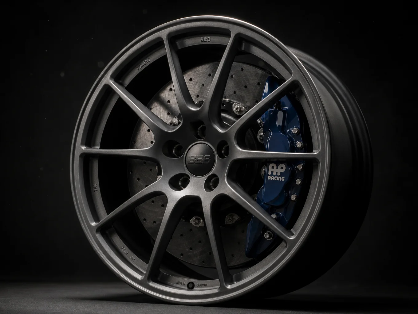 Close up of glossy clean alloy wheel and red brake caliper